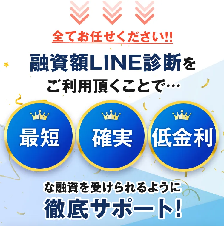 全てお任せください!融資額LINE診断をご利用頂くことで…最短・確実・低金利な融資を受けられるように徹底サポート!